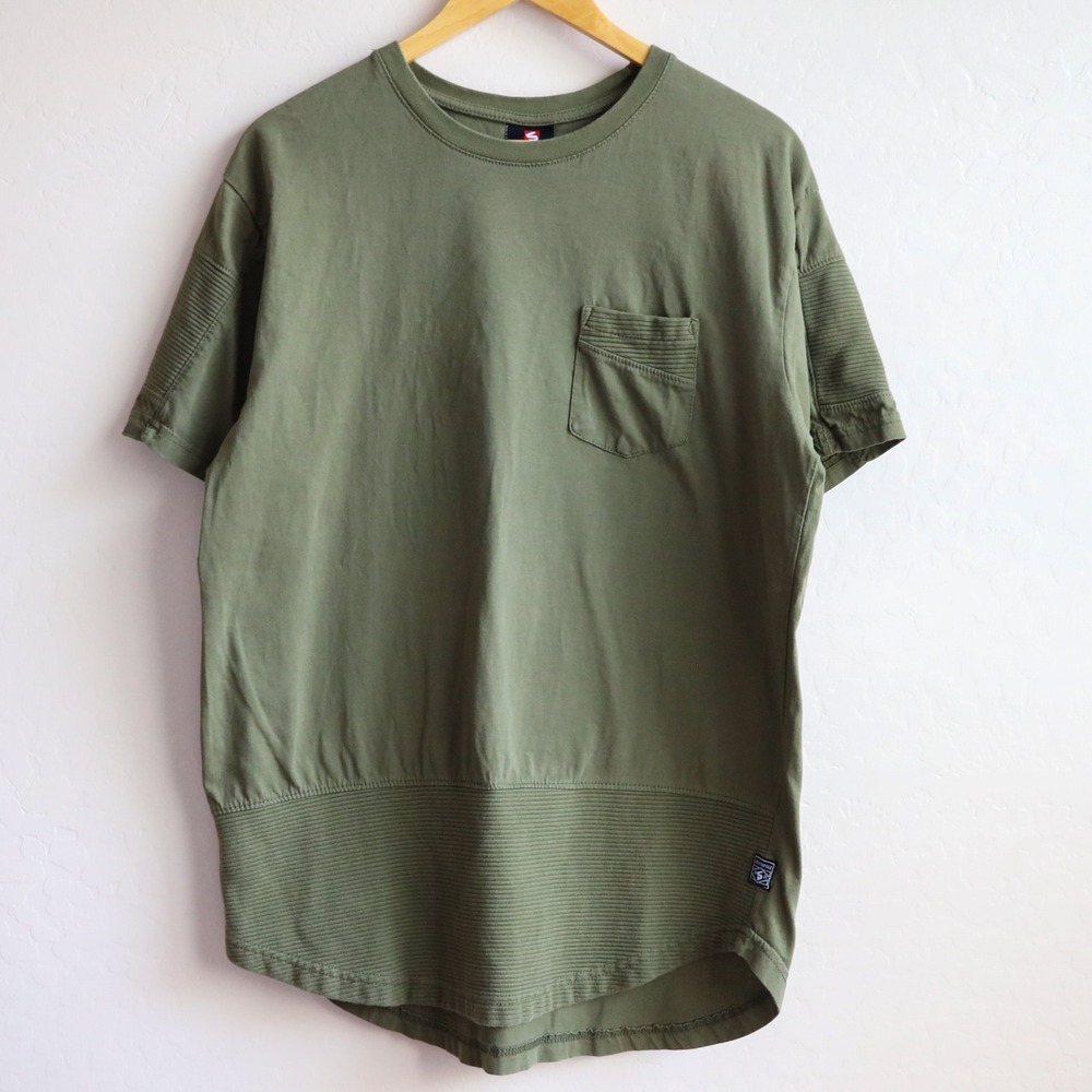 Southpole Mens Olive Green Pocket T-Shirt Moto Ribbed Trim Longline Large